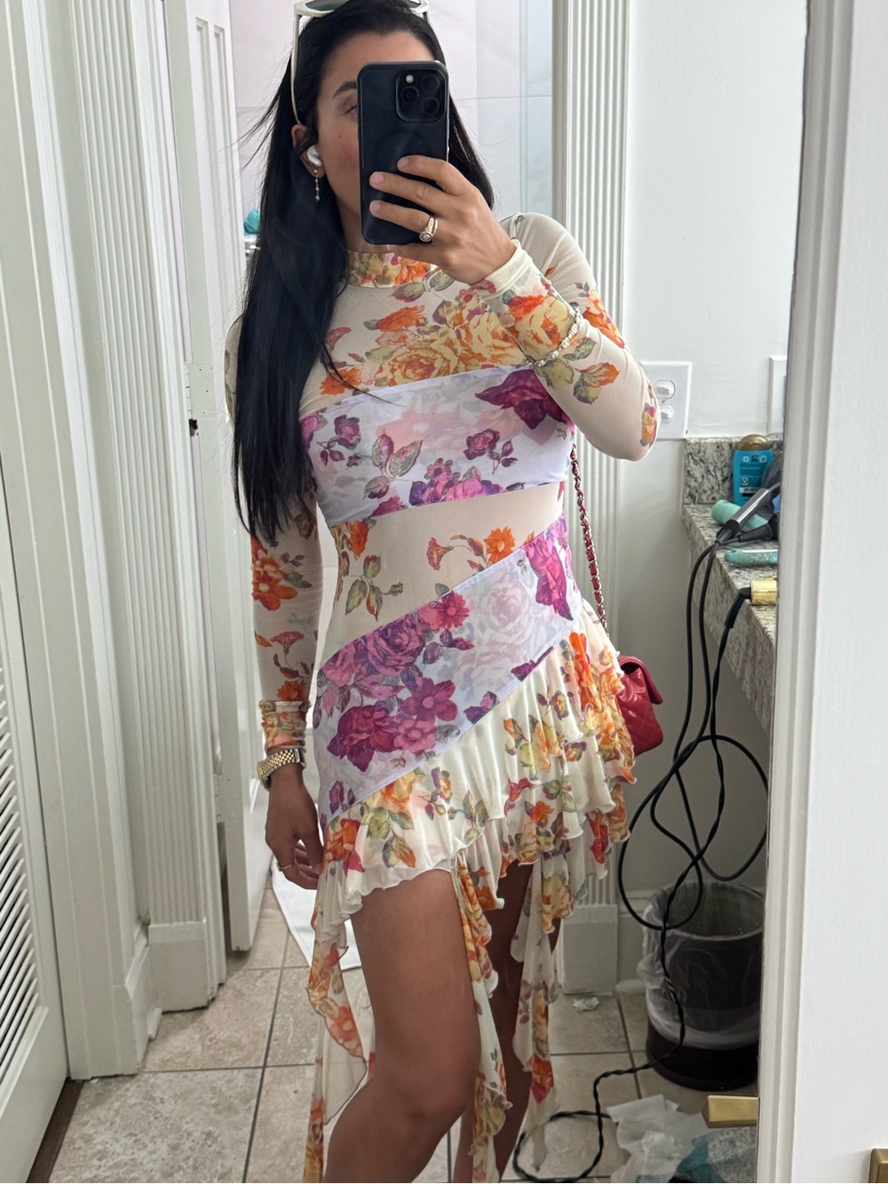 Free People Floral Sheer Asymmetrical Ruffle Dress in Cream, Pink & Orange